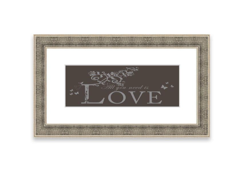 Framed print of All You Need Is Love Chocolate, showcasing vibrant colors and a heartwarming message, ready to hang.