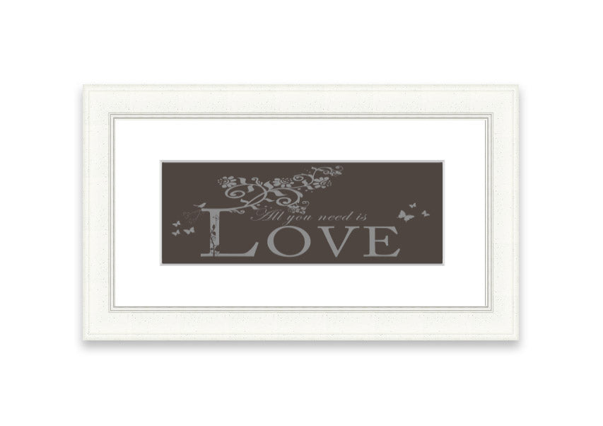 Framed print of All You Need Is Love Chocolate, showcasing vibrant colors and a heartwarming message, ready to hang.