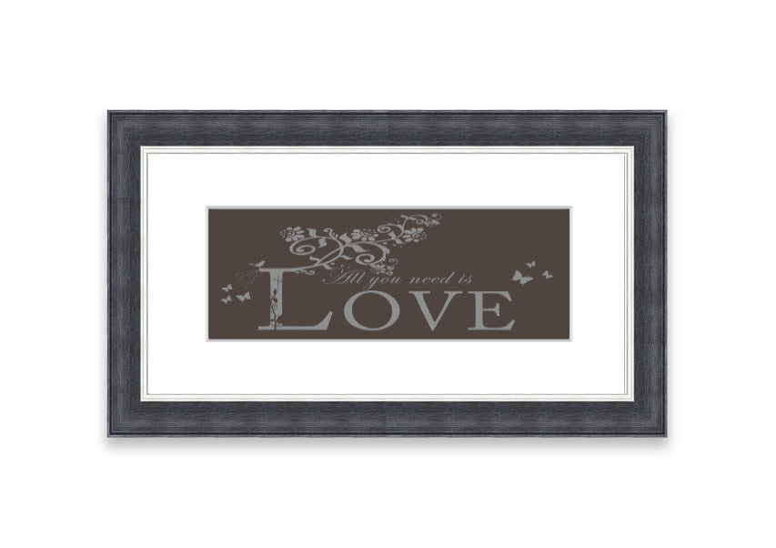 Framed print of All You Need Is Love Chocolate, showcasing vibrant colors and a heartwarming message, ready to hang.