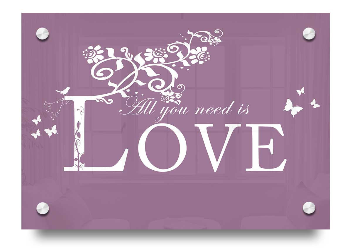 All You Need Is Love Dusty Pink acrylic print showcasing vibrant pink hues on 5mm thick acrylic glass, ready to hang.