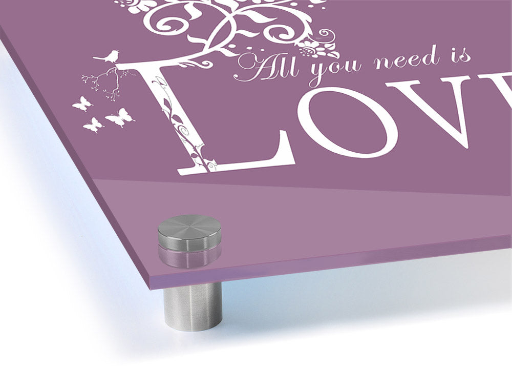 All You Need Is Love Dusty Pink acrylic print showcasing vibrant pink hues on 5mm thick acrylic glass, ready to hang.