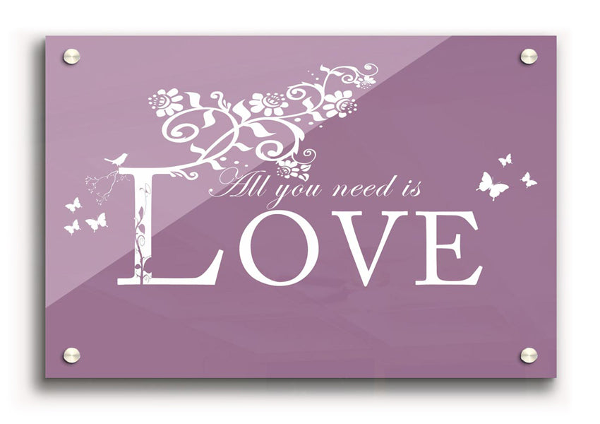 All You Need Is Love Dusty Pink acrylic print showcasing vibrant pink hues on 5mm thick acrylic glass, ready to hang.