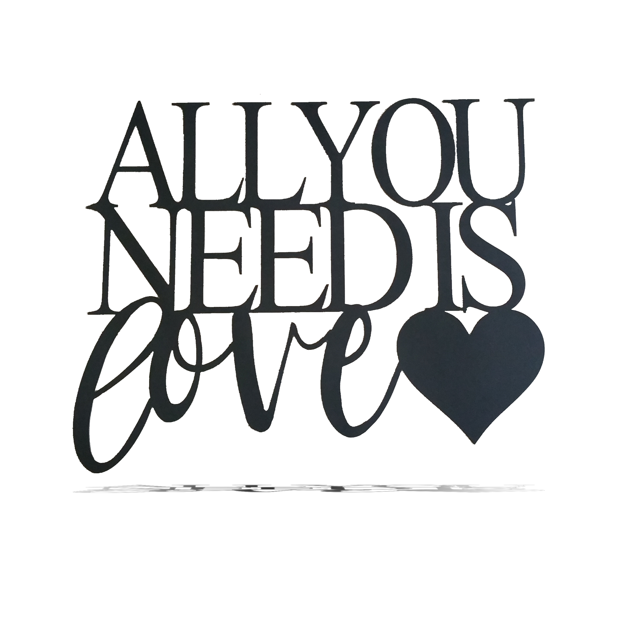 All You Need Is Love metal wall art in low gloss black finish, measuring 26 inches wide and 20 inches tall, perfect for home decor.