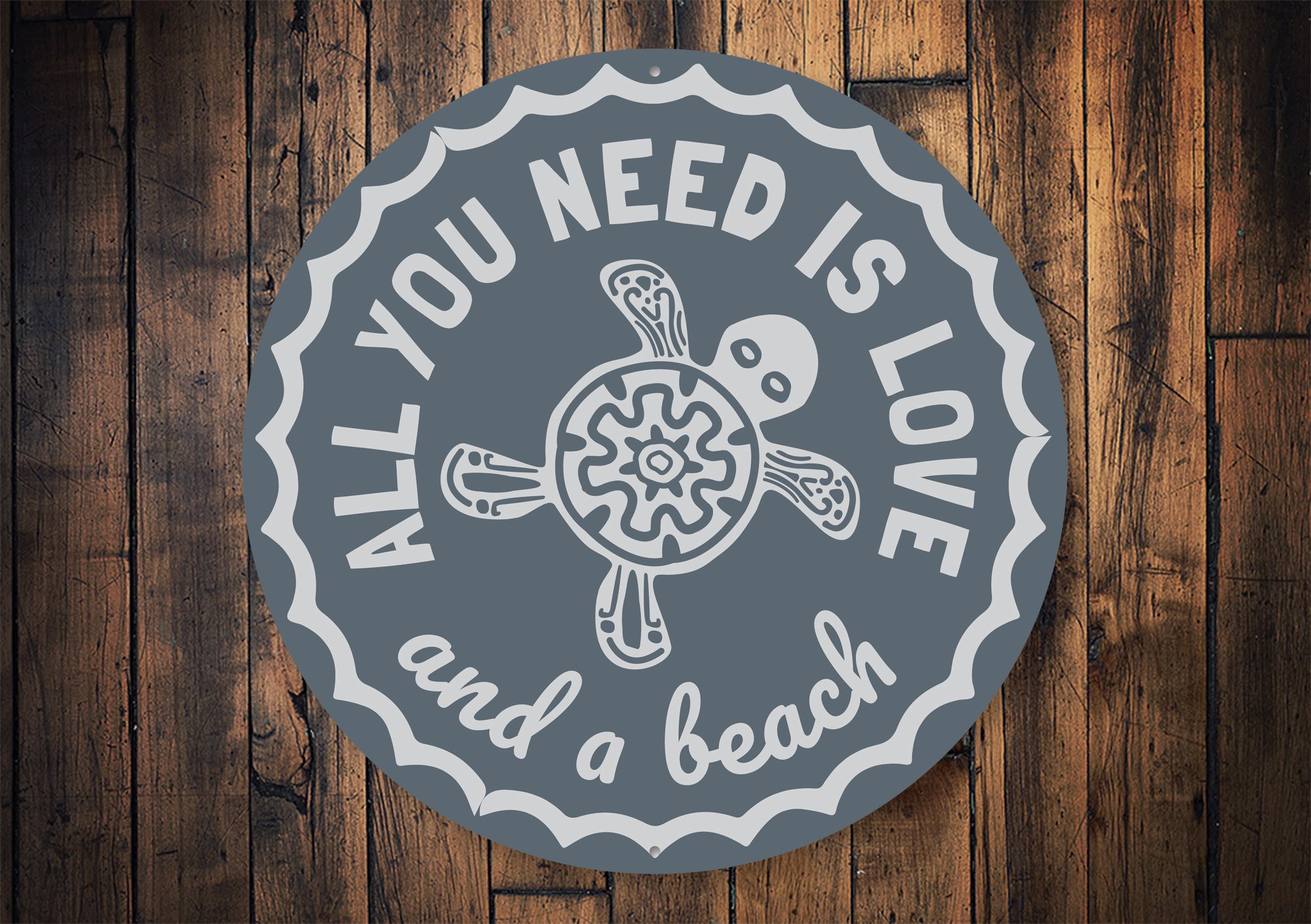 All You Need Is Love Sign made of high-quality aluminum, featuring a vibrant design perfect for beach houses and coastal decor.