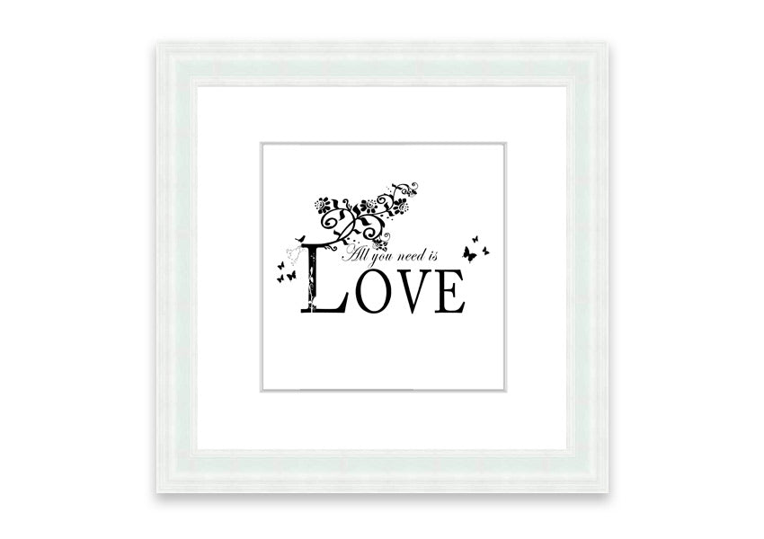 All You Need Is Love White framed print with a heartfelt message, available in various frame colors, handmade in the UK.