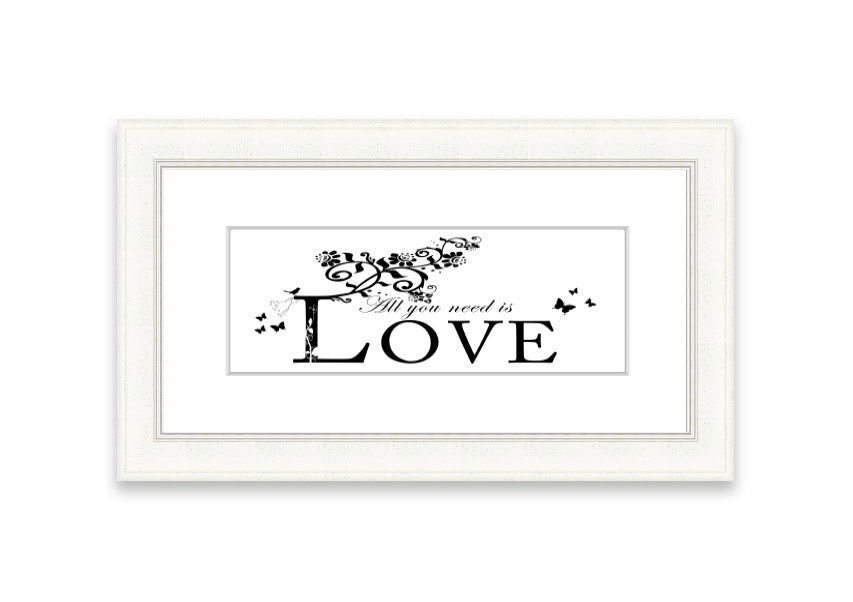 All You Need Is Love White framed print with a heartfelt message, available in various frame colors, handmade in the UK.