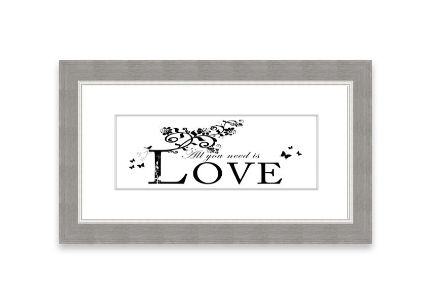 All You Need Is Love White framed print with a heartfelt message, available in various frame colors, handmade in the UK.