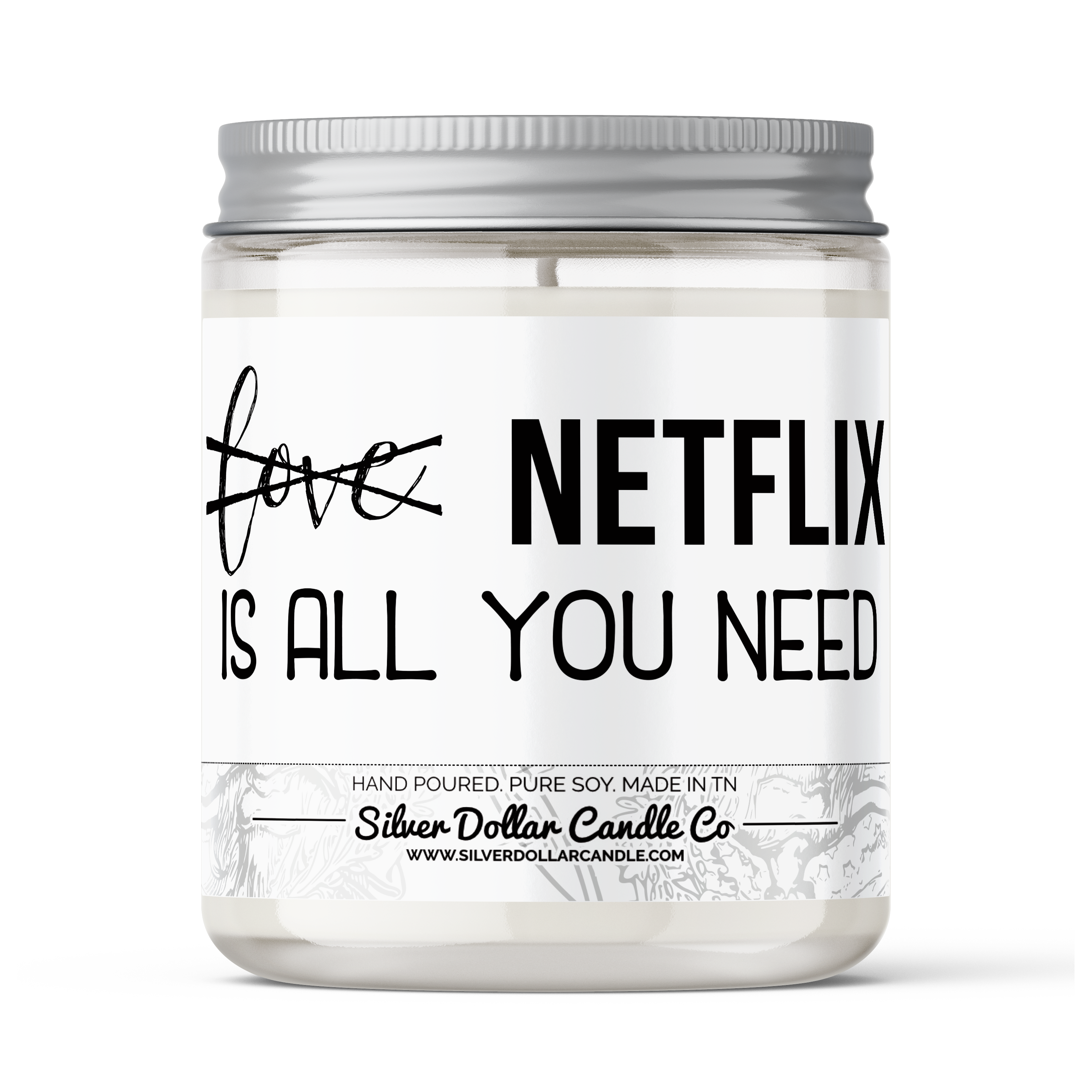 All You Need Is Netflix Soy Candle in a decorative box, showcasing its beautiful design and personalized lid option.