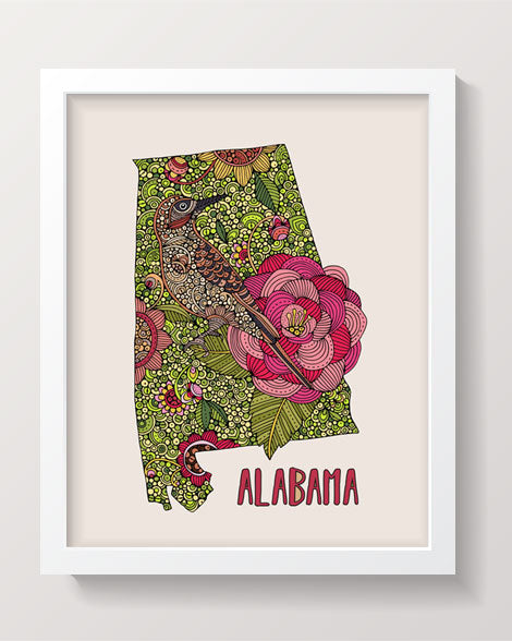 An artistic Alabama State Map print featuring the Northern Flicker bird and Camellia flower, designed in pen and ink with digital coloring.