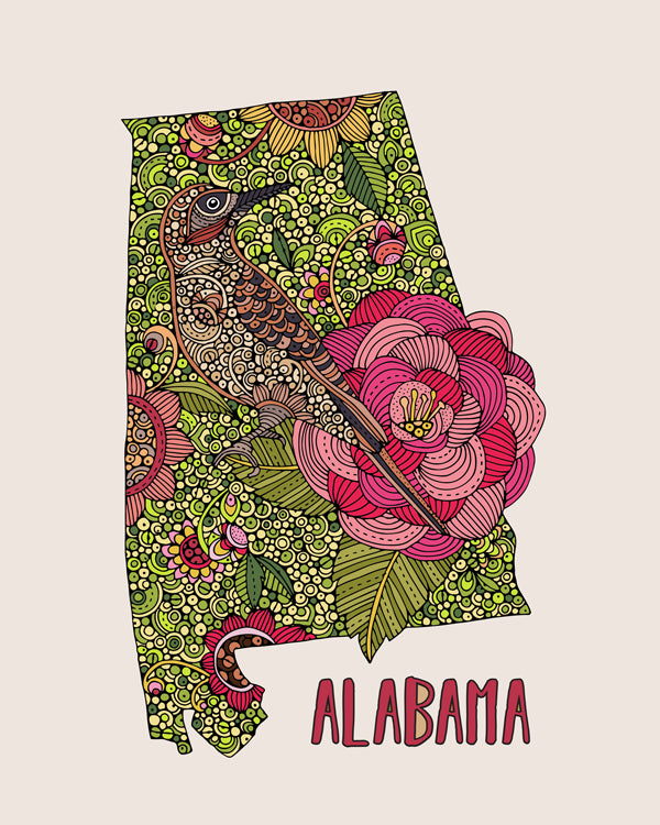 An artistic Alabama State Map print featuring the Northern Flicker bird and Camellia flower, designed in pen and ink with digital coloring.