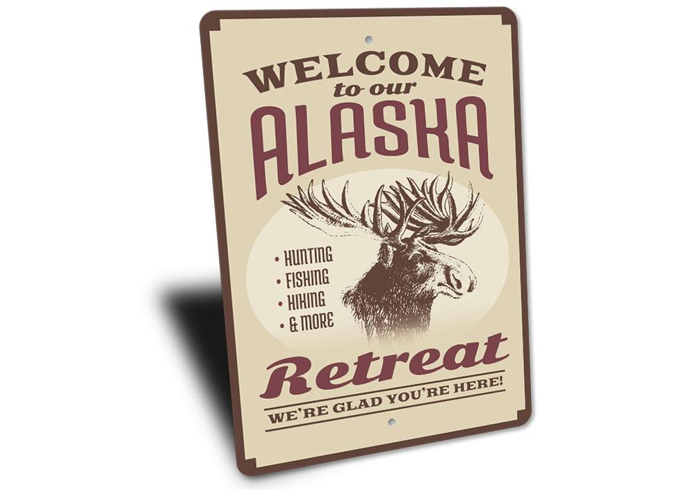 Alaska Retreat Sign made of durable aluminum, featuring a beautiful lake-themed design, perfect for lakehouse decor.