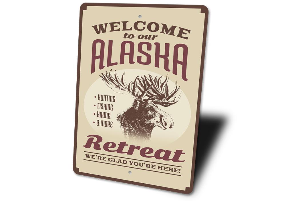 Alaska Retreat Sign made of durable aluminum, featuring a beautiful lake-themed design, perfect for lakehouse decor.