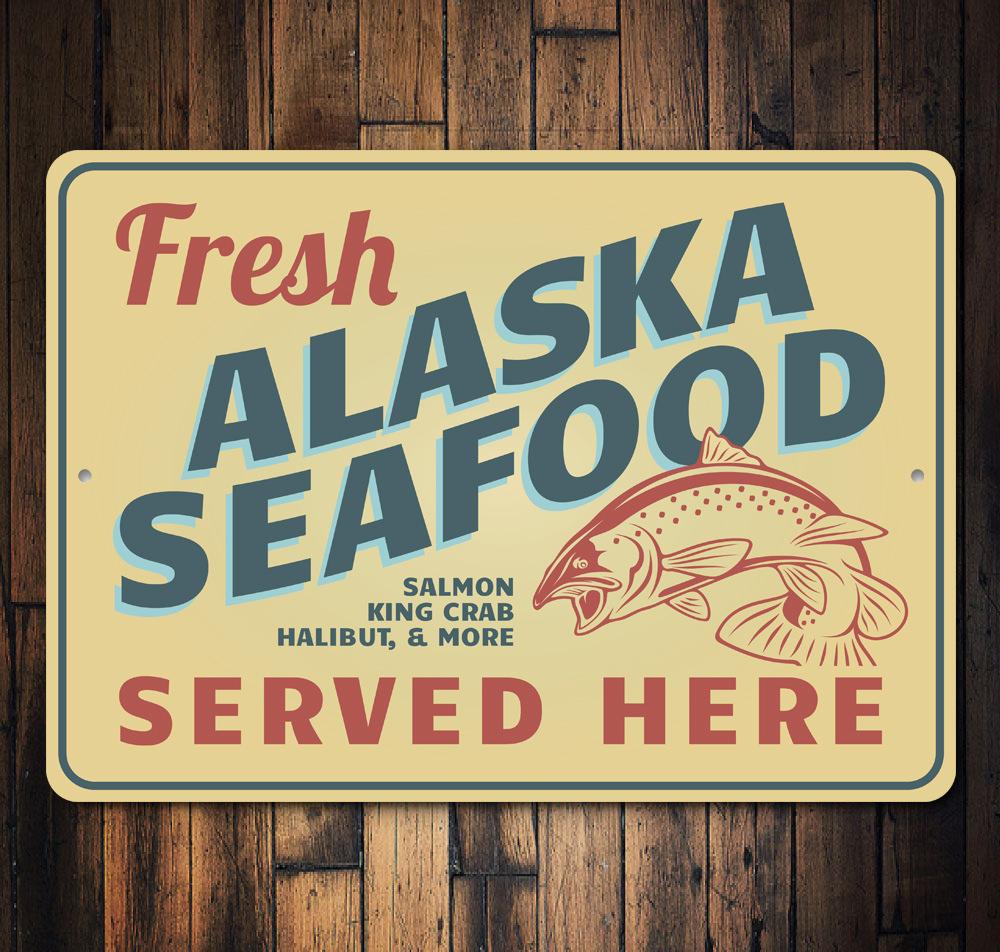 Alaska Seafood Sign made of high-quality aluminum, featuring a decorative design perfect for home decor.