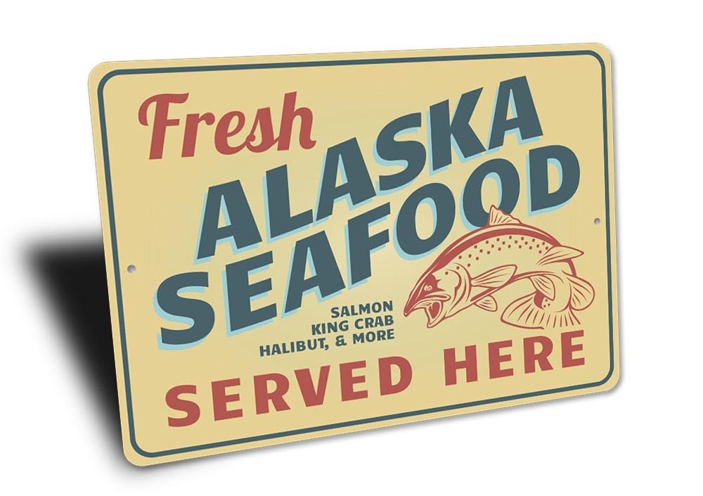 Alaska Seafood Sign made of high-quality aluminum, featuring a decorative design perfect for home decor.