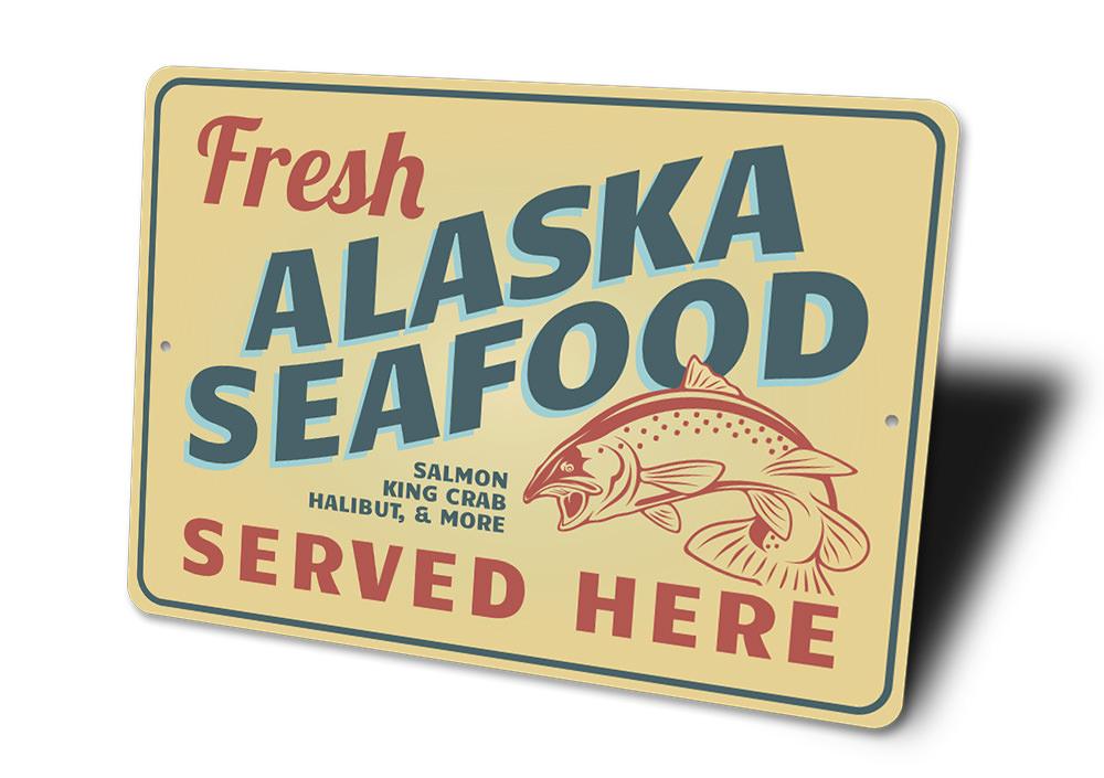 Alaska Seafood Sign made of high-quality aluminum, featuring a decorative design perfect for home decor.