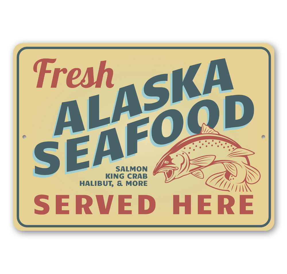 Alaska Seafood Sign made of high-quality aluminum, featuring a decorative design perfect for home decor.