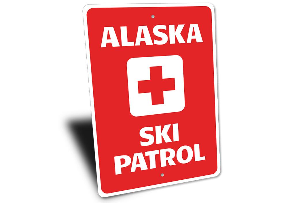 Alaska Ski Patrol Sign made of high-quality aluminum, featuring a decorative design suitable for indoor and outdoor use.