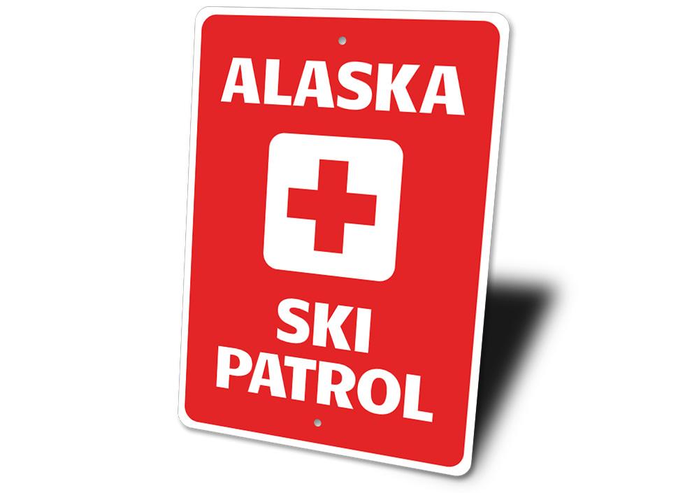 Alaska Ski Patrol Sign made of high-quality aluminum, featuring a decorative design suitable for indoor and outdoor use.