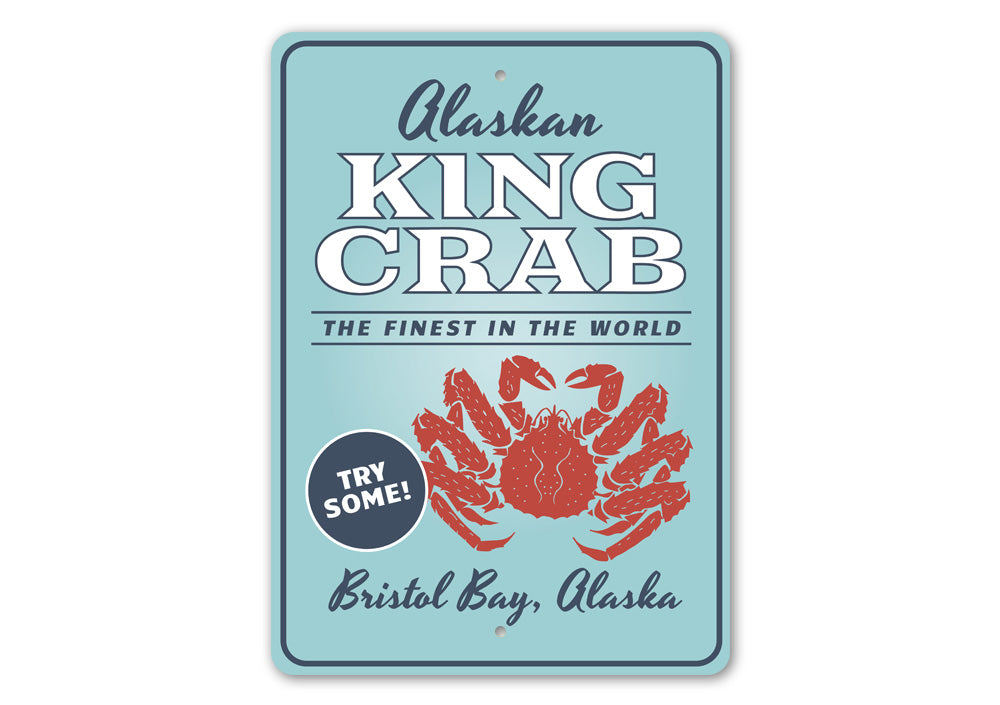 Alaskan King Crab decorative sign made of high-quality aluminum, featuring vibrant colors and a coastal design, perfect for beach houses and seafood restaurants.