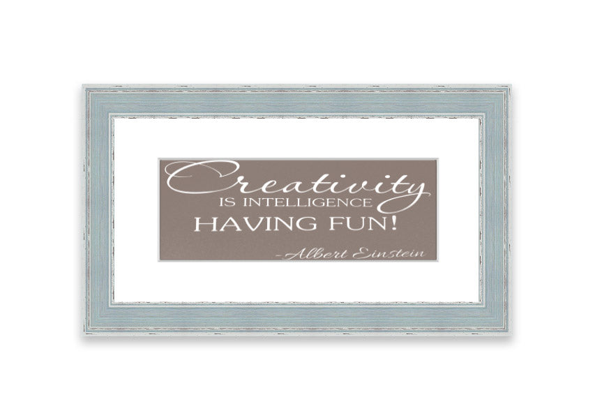 Framed print featuring Albert Einstein's quote on creativity and intelligence, elegantly designed in beige with multiple frame color options.