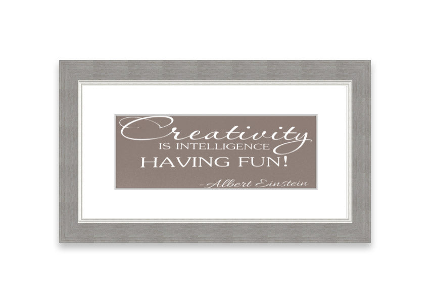 Framed print featuring Albert Einstein's quote on creativity and intelligence, elegantly designed in beige with multiple frame color options.