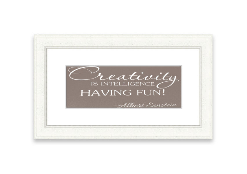 Framed print featuring Albert Einstein's quote on creativity and intelligence, elegantly designed in beige with multiple frame color options.