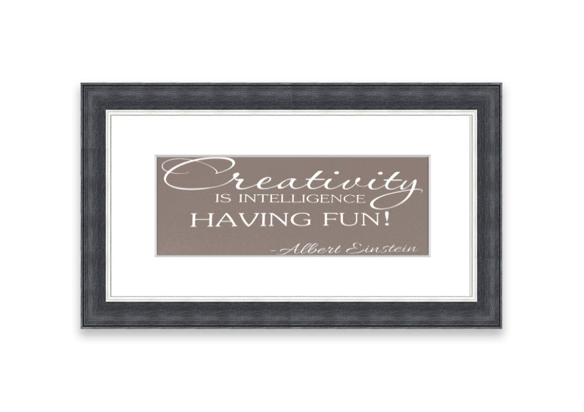 Framed print featuring Albert Einstein's quote on creativity and intelligence, elegantly designed in beige with multiple frame color options.