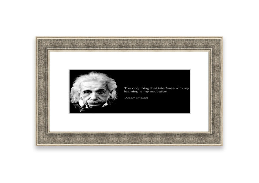 Framed print of Albert Einstein's education, showcasing multiple frame colors, ready to hang.