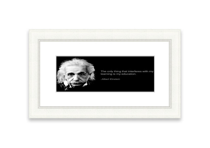 Framed print of Albert Einstein's education, showcasing multiple frame colors, ready to hang.