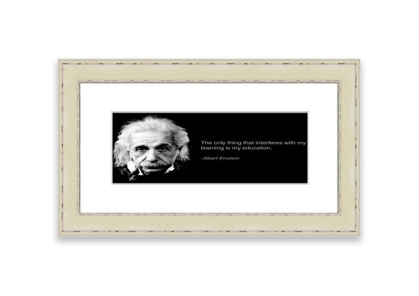 Framed print of Albert Einstein's education, showcasing multiple frame colors, ready to hang.