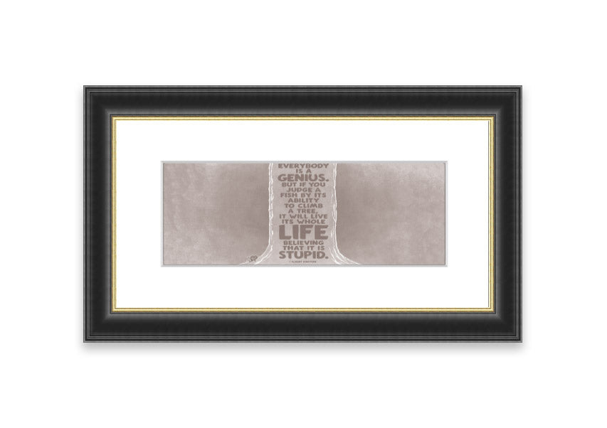 Framed print of Albert Einstein with the quote 'Everybody Is A Genius' in beige, showcasing a stylish frame.