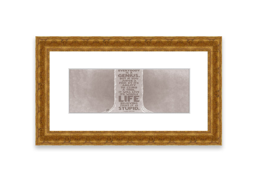 Framed print of Albert Einstein with the quote 'Everybody Is A Genius' in beige, showcasing a stylish frame.