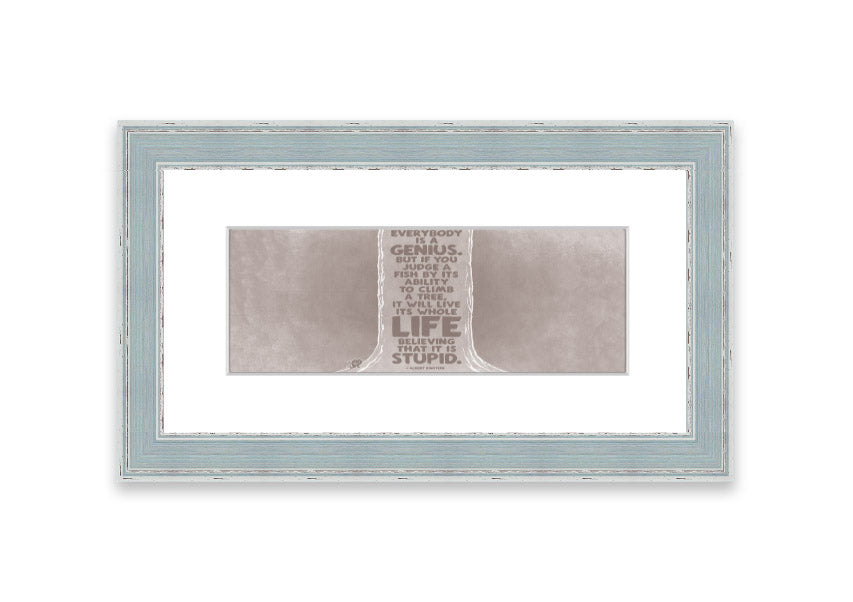 Framed print of Albert Einstein with the quote 'Everybody Is A Genius' in beige, showcasing a stylish frame.