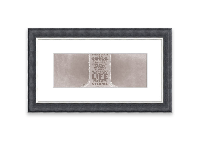 Framed print of Albert Einstein with the quote 'Everybody Is A Genius' in beige, showcasing a stylish frame.