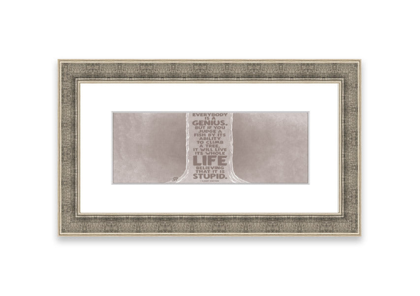 Framed print of Albert Einstein with the quote 'Everybody Is A Genius' in beige, showcasing a stylish frame.