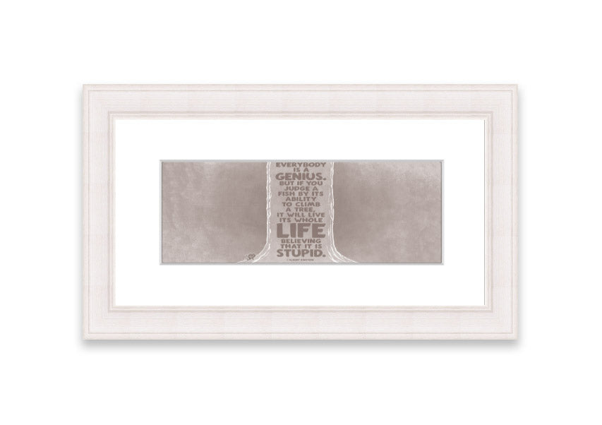 Framed print of Albert Einstein with the quote 'Everybody Is A Genius' in beige, showcasing a stylish frame.