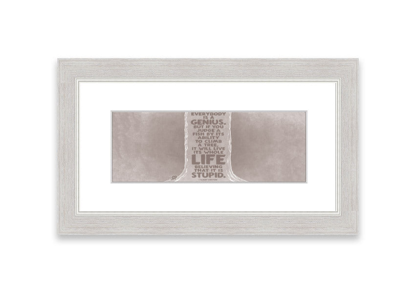 Framed print of Albert Einstein with the quote 'Everybody Is A Genius' in beige, showcasing a stylish frame.