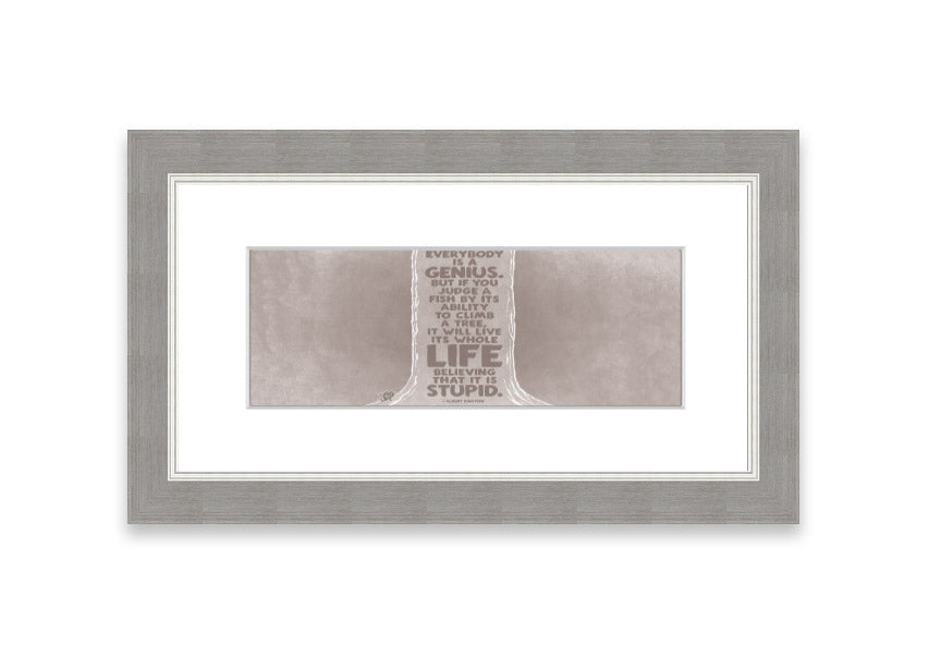 Framed print of Albert Einstein with the quote 'Everybody Is A Genius' in beige, showcasing a stylish frame.