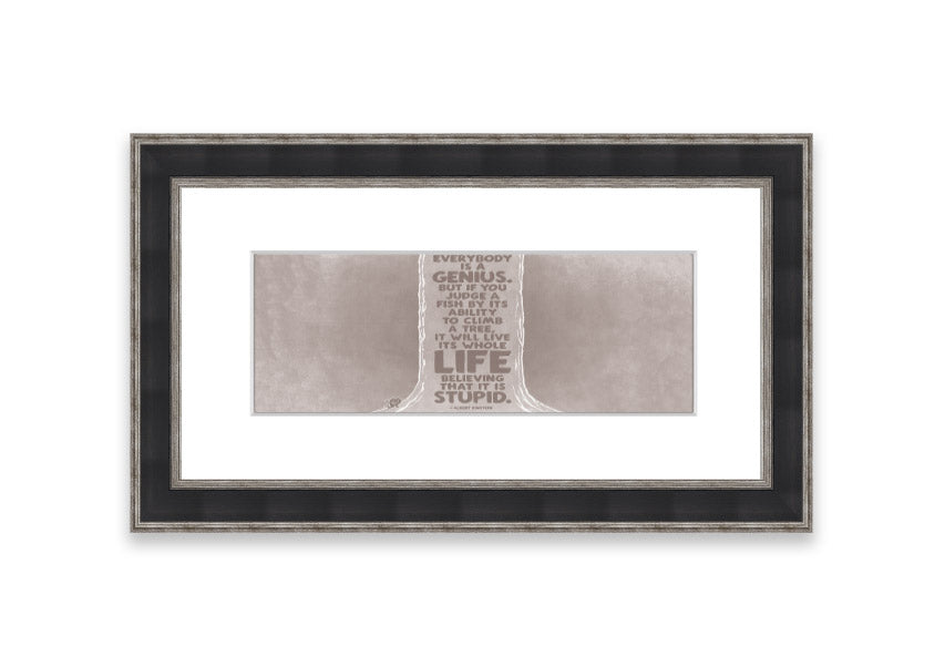 Framed print of Albert Einstein with the quote 'Everybody Is A Genius' in beige, showcasing a stylish frame.