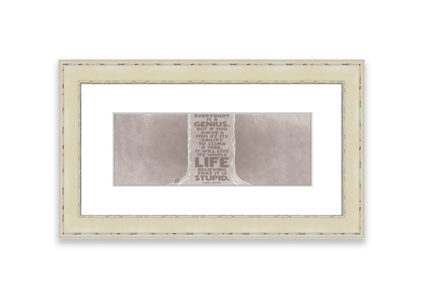 Framed print of Albert Einstein with the quote 'Everybody Is A Genius' in beige, showcasing a stylish frame.