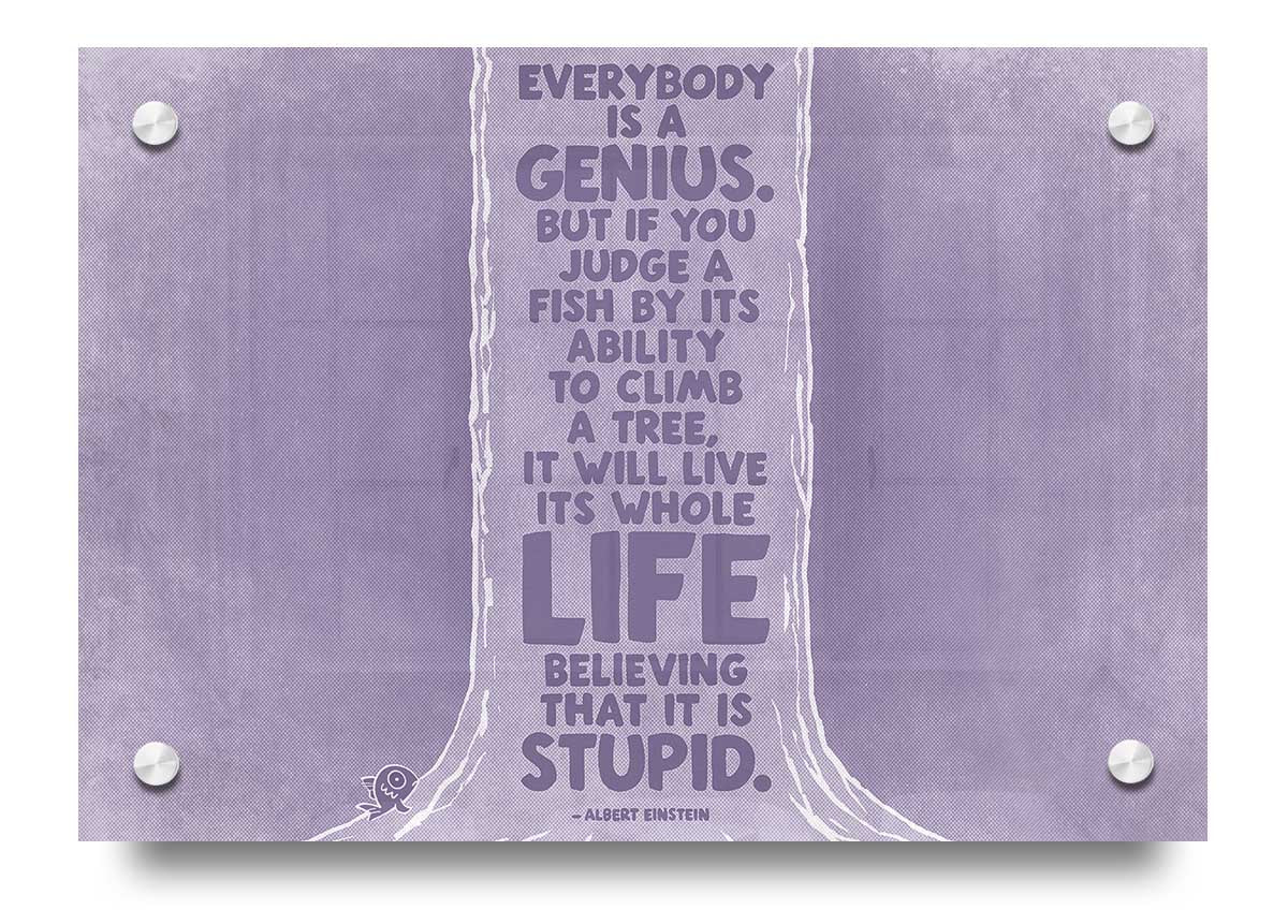 Albert Einstein Everybody Is A Genius Lilac acrylic print on 5mm thick acrylic glass, featuring vibrant lilac colors and inspirational quote.