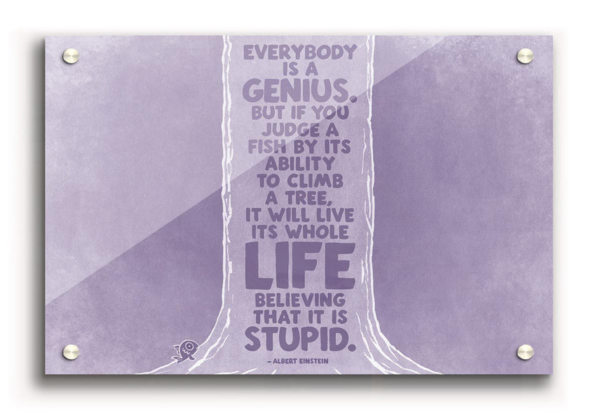 Albert Einstein Everybody Is A Genius Lilac acrylic print on 5mm thick acrylic glass, featuring vibrant lilac colors and inspirational quote.