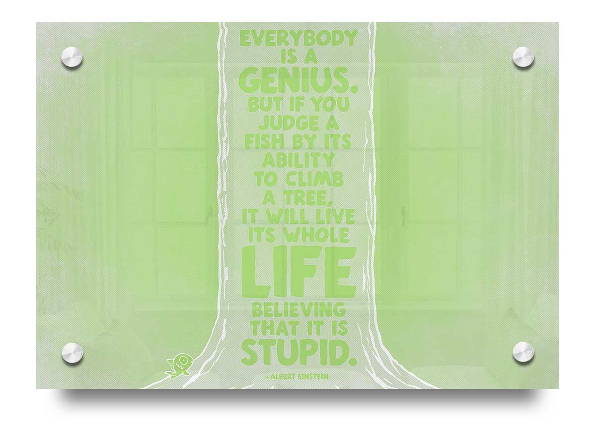 Vibrant lime green acrylic print featuring Albert Einstein's quote 'Everybody Is A Genius', designed for wall hanging.