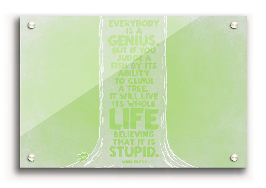 Vibrant lime green acrylic print featuring Albert Einstein's quote 'Everybody Is A Genius', designed for wall hanging.