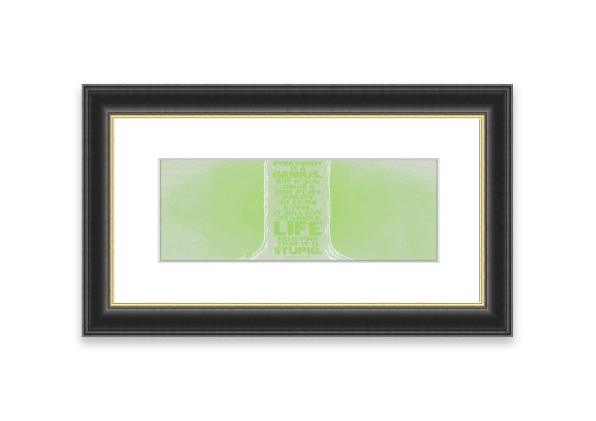 Framed print of Albert Einstein's quote 'Everybody Is A Genius' in vibrant lime green, ready to hang.