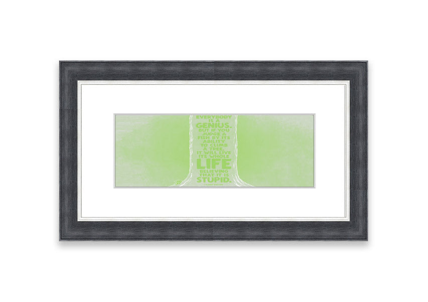 Framed print of Albert Einstein's quote 'Everybody Is A Genius' in vibrant lime green, ready to hang.