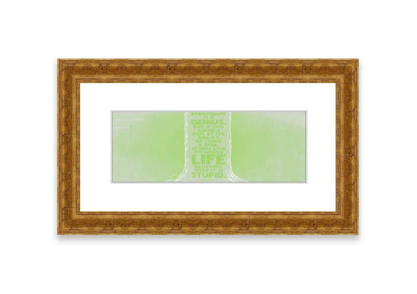 Framed print of Albert Einstein's quote 'Everybody Is A Genius' in vibrant lime green, ready to hang.