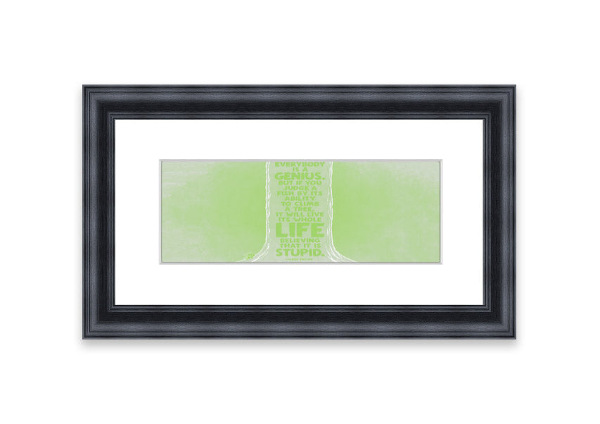 Framed print of Albert Einstein's quote 'Everybody Is A Genius' in vibrant lime green, ready to hang.