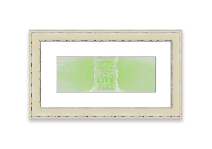 Framed print of Albert Einstein's quote 'Everybody Is A Genius' in vibrant lime green, ready to hang.