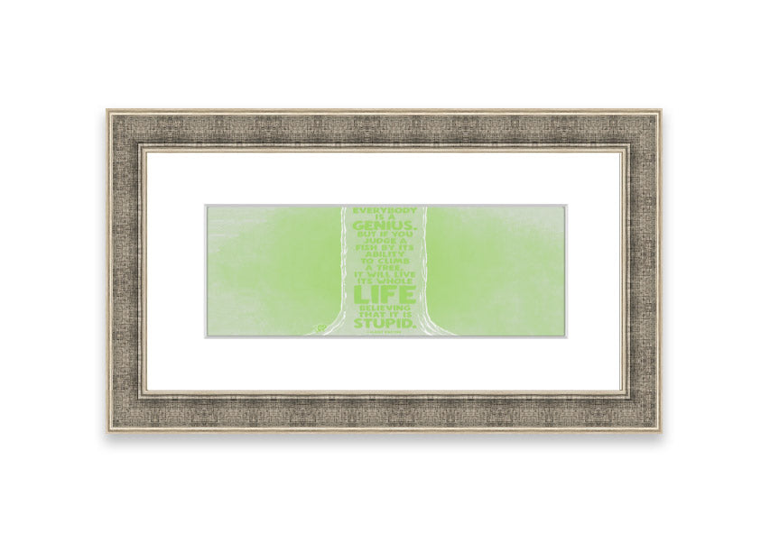 Framed print of Albert Einstein's quote 'Everybody Is A Genius' in vibrant lime green, ready to hang.